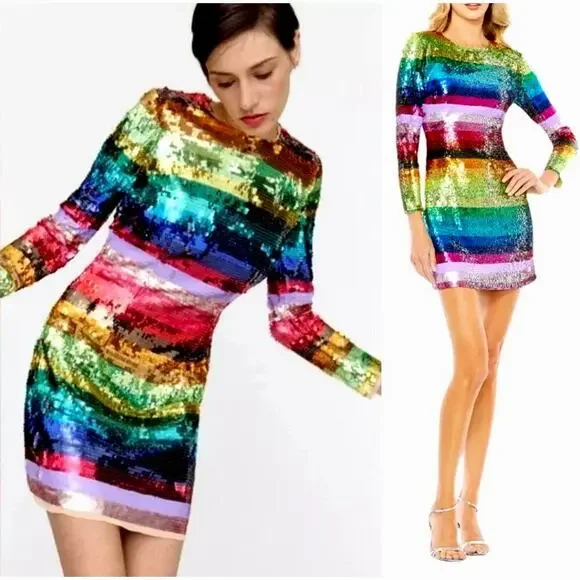 Mac Duggal Rainbow Sequin Mini Long Sleeve Dress Fun Pride size 6 - Picture 2 of 7